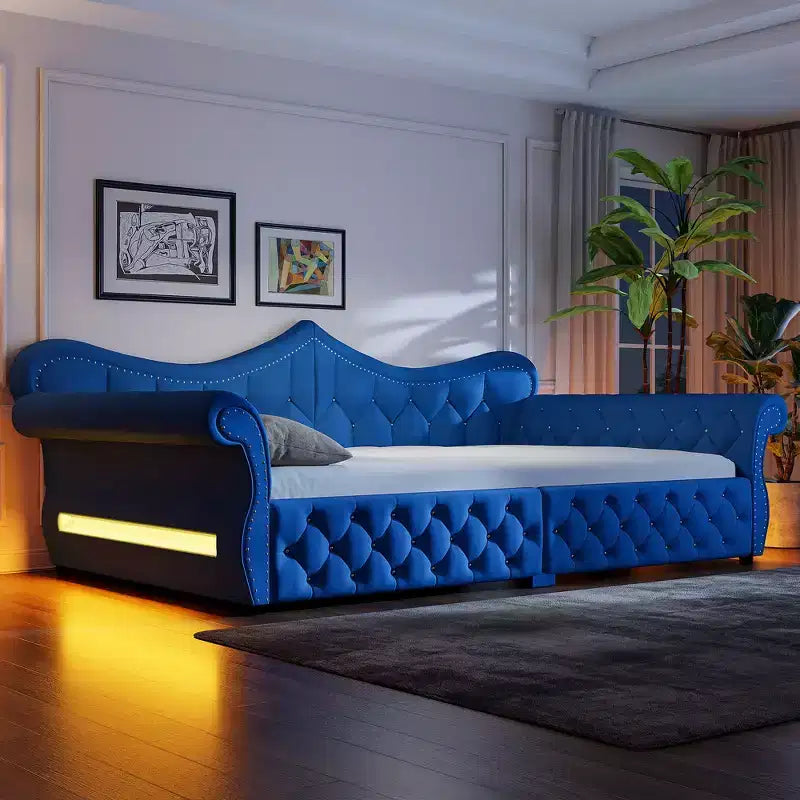 ModernLuxe Queen Size Upholstered Daybed with LED Lighting, Nailhead Trim & Tufted Linen Back