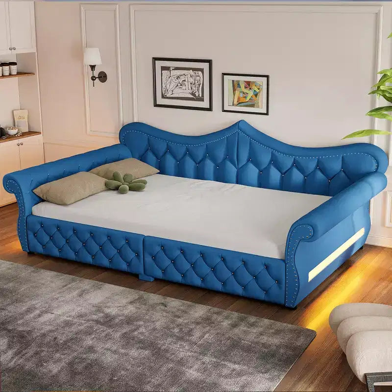 ModernLuxe Queen Size Upholstered Daybed with LED Lighting, Nailhead Trim & Tufted Linen Back