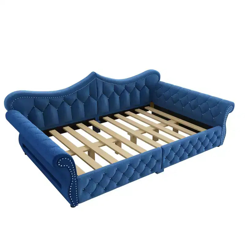 ModernLuxe Queen Size Upholstered Daybed with LED Lighting, Nailhead Trim & Tufted Linen Back