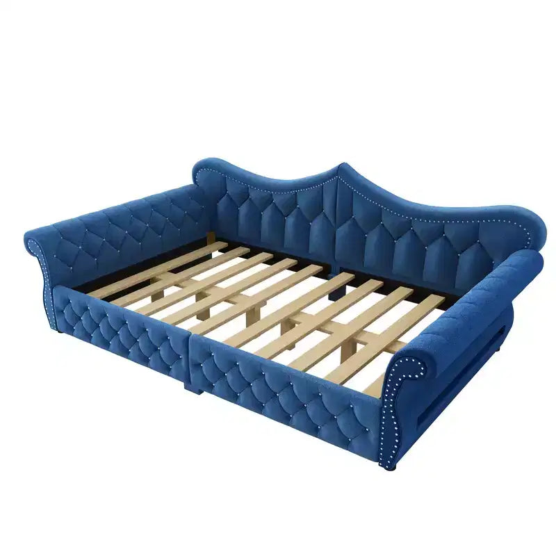 ModernLuxe Queen Size Upholstered Daybed with LED Lighting, Nailhead Trim & Tufted Linen Back