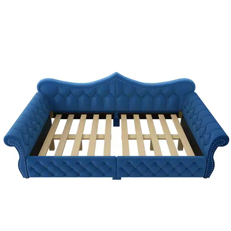 ModernLuxe Queen Size Upholstered Daybed with LED Lighting, Nailhead Trim & Tufted Linen Back