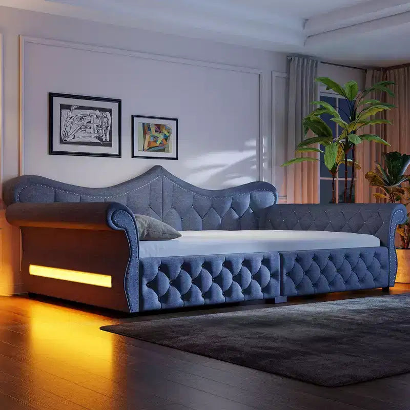 ModernLuxe Queen Size Upholstered Daybed with LED Lighting, Nailhead Trim & Tufted Linen Back