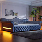 ModernLuxe Queen Size Upholstered Daybed with LED Lighting, Nailhead Trim & Tufted Linen Back