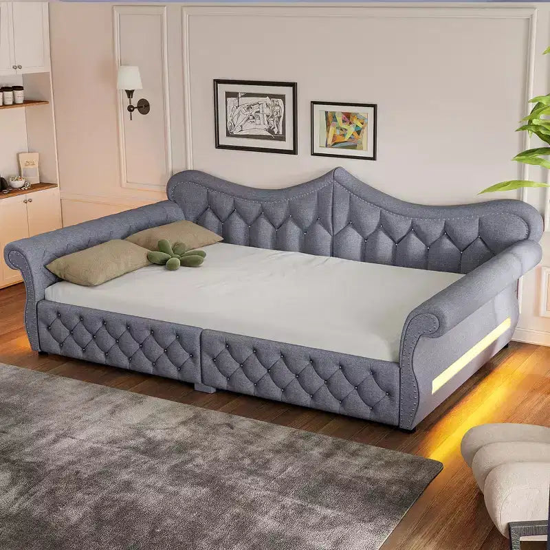 ModernLuxe Queen Size Upholstered Daybed with LED Lighting, Nailhead Trim & Tufted Linen Back