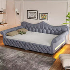 ModernLuxe Queen Size Upholstered Daybed with LED Lighting, Nailhead Trim & Tufted Linen Back