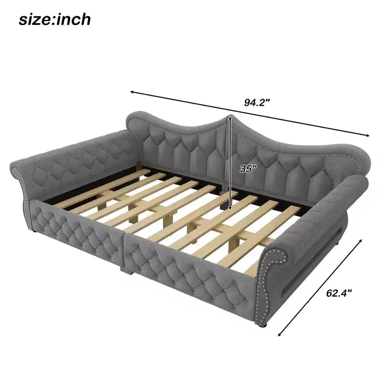 ModernLuxe Queen Size Upholstered Daybed with LED Lighting, Nailhead Trim & Tufted Linen Back