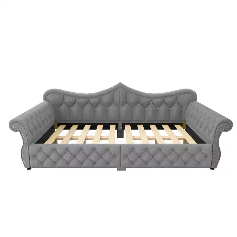 ModernLuxe Queen Size Upholstered Daybed with LED Lighting, Nailhead Trim & Tufted Linen Back