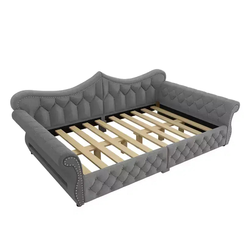 ModernLuxe Queen Size Upholstered Daybed with LED Lighting, Nailhead Trim & Tufted Linen Back