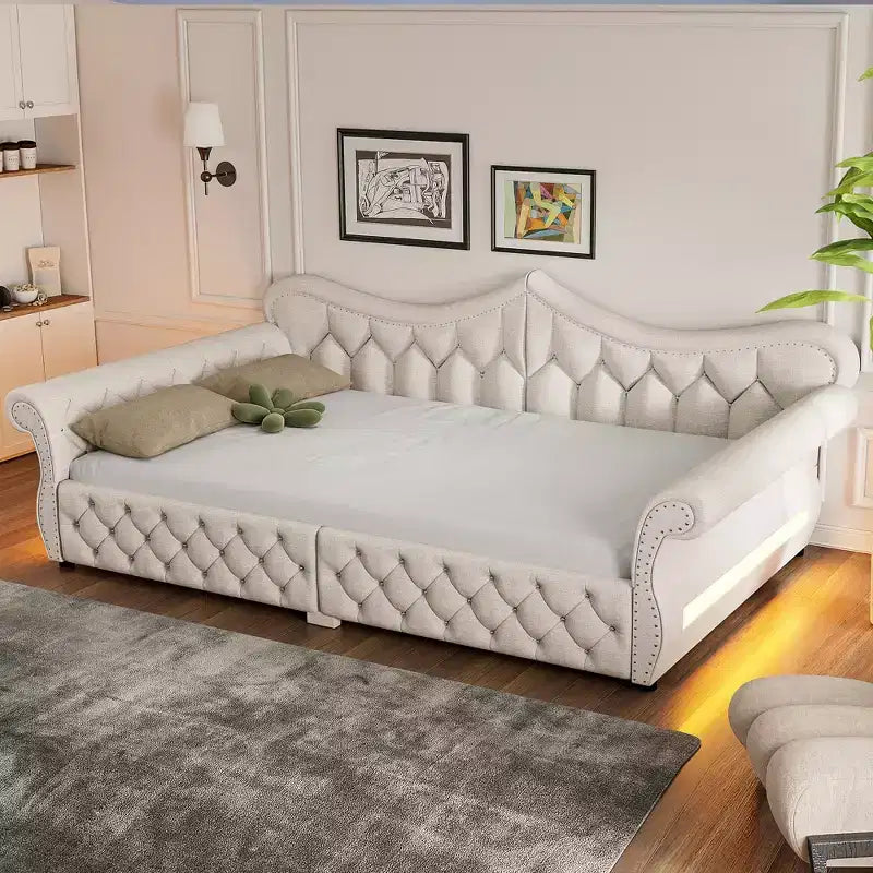ModernLuxe Queen Size Upholstered Daybed with LED Lighting, Nailhead Trim & Tufted Linen Back
