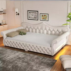 ModernLuxe Queen Size Upholstered Daybed with LED Lighting, Nailhead Trim & Tufted Linen Back