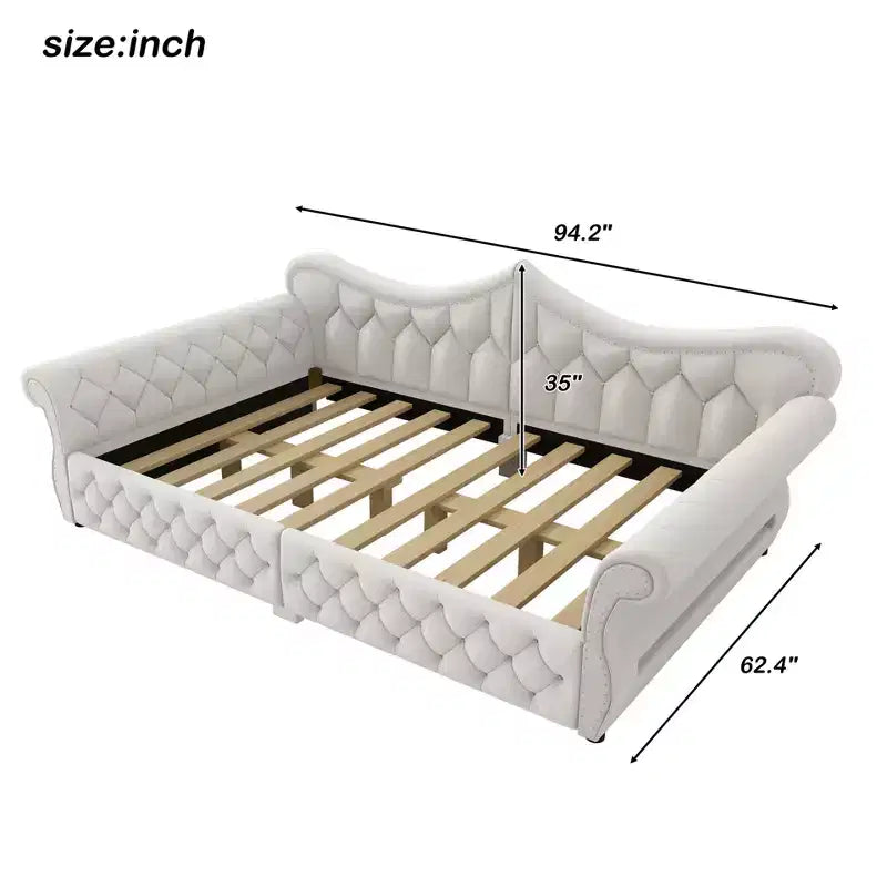 ModernLuxe Queen Size Upholstered Daybed with LED Lighting, Nailhead Trim & Tufted Linen Back