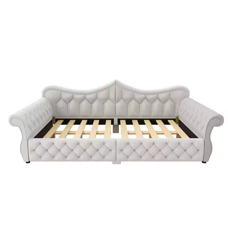 ModernLuxe Queen Size Upholstered Daybed with LED Lighting, Nailhead Trim & Tufted Linen Back