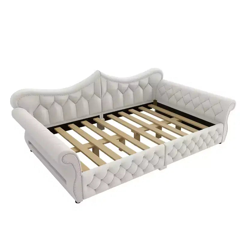 ModernLuxe Queen Size Upholstered Daybed with LED Lighting, Nailhead Trim & Tufted Linen Back
