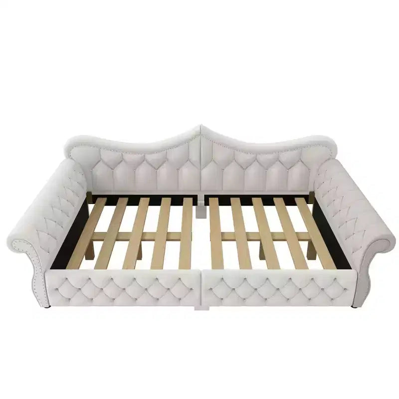 ModernLuxe Queen Size Upholstered Daybed with LED Lighting, Nailhead Trim & Tufted Linen Back