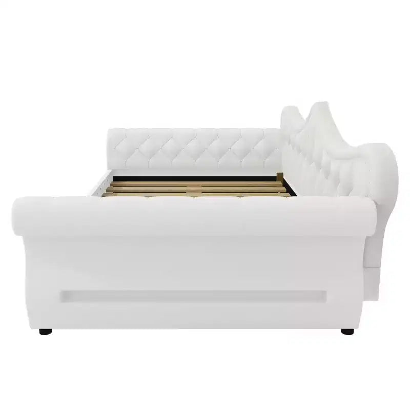 ModernLuxe Queen Size Upholstered Daybed with LED Lighting, Nailhead Trim & Tufted Linen Back