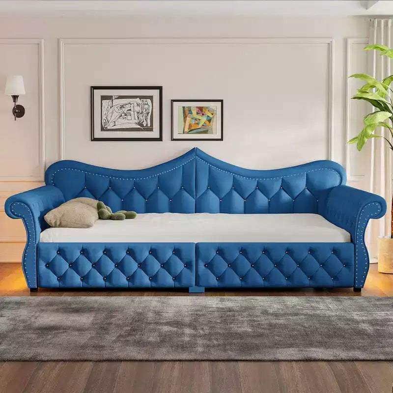 ModernLuxe Queen Size Upholstered Daybed with LED Lighting, Nailhead Trim & Tufted Linen Back