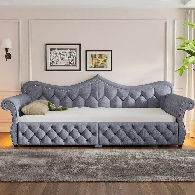 ModernLuxe Queen Size Upholstered Daybed with LED Lighting, Nailhead Trim & Tufted Linen Back