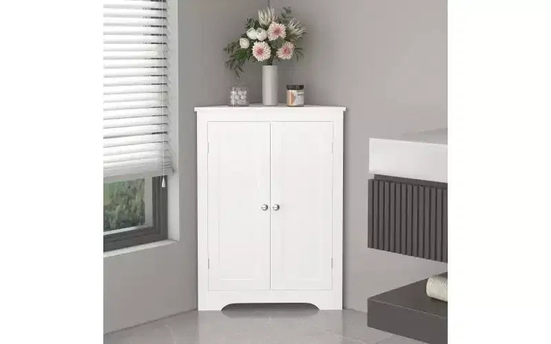 Floor Corner Cabinet with 2 Doors and Adjustable Shelves, Freestanding Storage Organizer, White