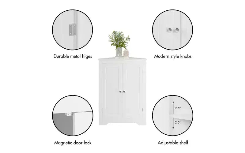 Floor Corner Cabinet with 2 Doors and Adjustable Shelves, Freestanding Storage Organizer, White