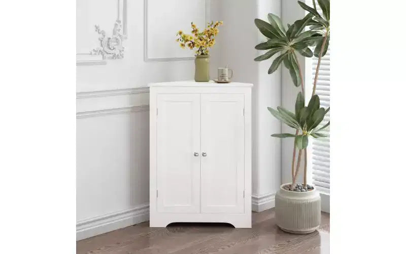 Floor Corner Cabinet with 2 Doors and Adjustable Shelves, Freestanding Storage Organizer, White