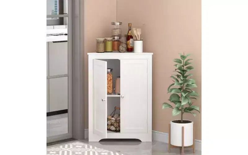Floor Corner Cabinet with 2 Doors and Adjustable Shelves, Freestanding Storage Organizer, White