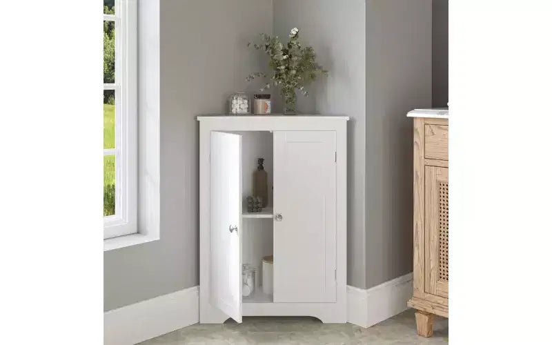 Floor Corner Cabinet with 2 Doors and Adjustable Shelves, Freestanding Storage Organizer, White