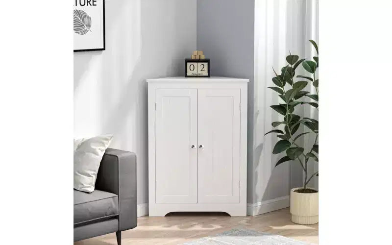 Floor Corner Cabinet with 2 Doors and Adjustable Shelves, Freestanding Storage Organizer, White