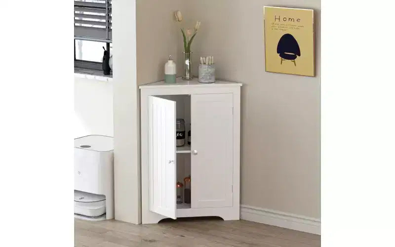 Floor Corner Cabinet with 2 Doors and Adjustable Shelves, Freestanding Storage Organizer, White