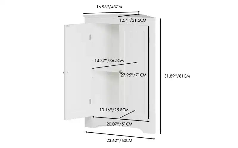 Floor Corner Cabinet with 2 Doors and Adjustable Shelves, Freestanding Storage Organizer, White