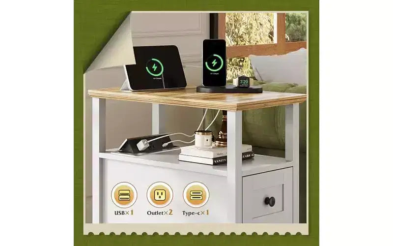 DEXYLLO Narrow Side Table with Charging Station, Wooden End Table with 2 Drawers, End Tables Living Room, Bedroom, Small Space