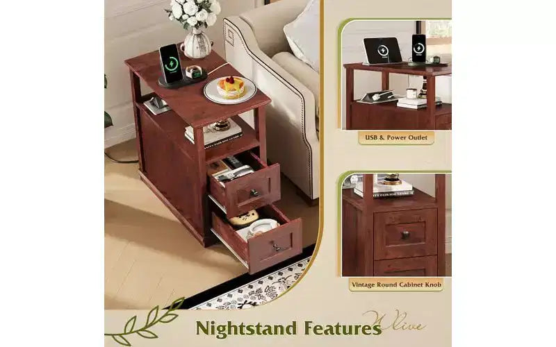 DEXYLLO Narrow Side Table with Charging Station, Wooden End Table with 2 Drawers, End Tables Living Room, Bedroom, Small Space