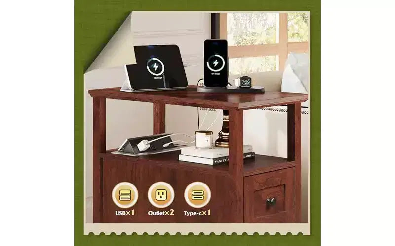 DEXYLLO Narrow Side Table with Charging Station, Wooden End Table with 2 Drawers, End Tables Living Room, Bedroom, Small Space