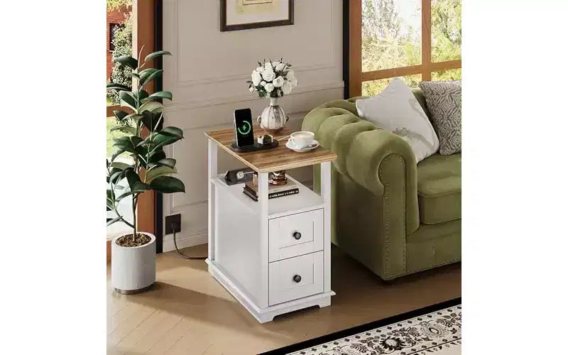 DEXYLLO Narrow Side Table with Charging Station, Wooden End Table with 2 Drawers, End Tables Living Room, Bedroom, Small Space