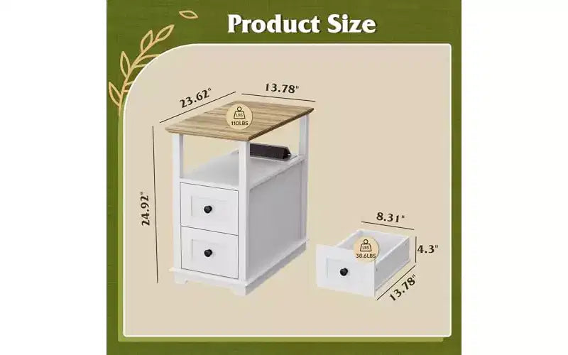 DEXYLLO Narrow Side Table with Charging Station, Wooden End Table with 2 Drawers, End Tables Living Room, Bedroom, Small Space