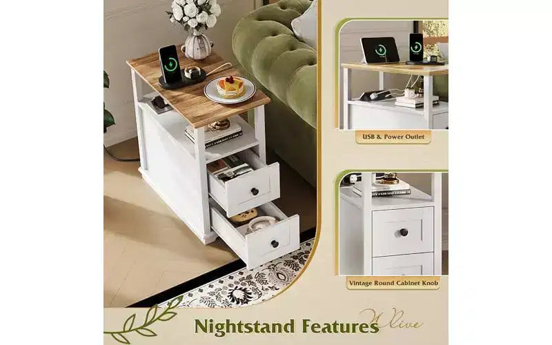 DEXYLLO Narrow Side Table with Charging Station, Wooden End Table with 2 Drawers, End Tables Living Room, Bedroom, Small Space