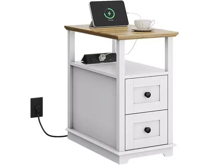 DEXYLLO Narrow Side Table with Charging Station, Wooden End Table with 2 Drawers, End Tables Living Room, Bedroom, Small Space