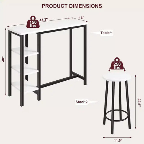 3 Piece Kitchen Table Set, 1 Dining Table & 2 Stools, Counter Height Dining Table with 3 Storage Shelves for Small Space, Apartment, Kitchen