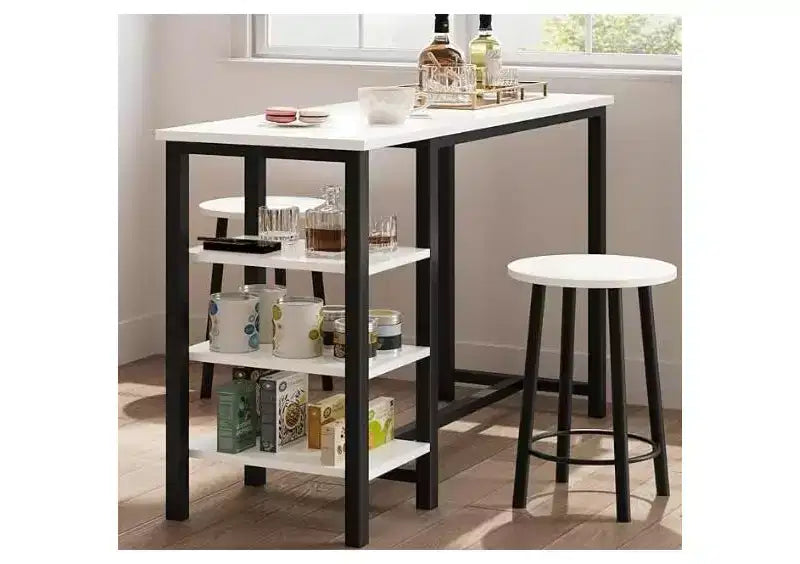 Set da 3 pezzi per tavolo da cucina, 1 tavolo da pranzo e 2 sgabelli, tavolo da pranzo altezza bancone con 3 ripiani portaoggetti per piccoli spazi, appartamento, cucina