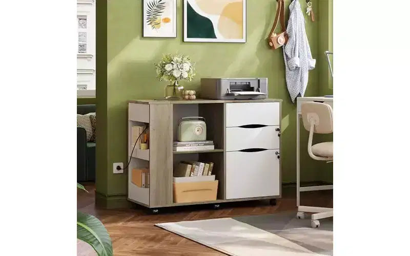 DEXYLLO File Cabinet with Lock, 3 Drawer Rolling Mobile Lateral Filing Cabinets with Charging Station Printer Stand with Open Storage