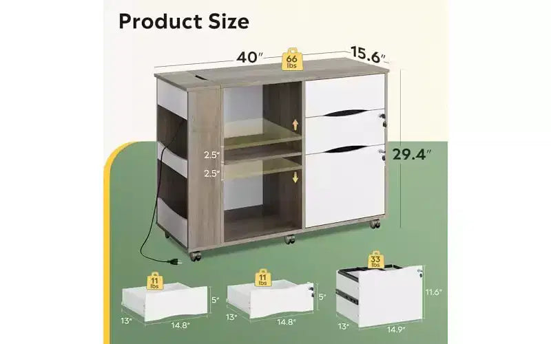 DEXYLLO File Cabinet with Lock, 3 Drawer Rolling Mobile Lateral Filing Cabinets with Charging Station Printer Stand with Open Storage