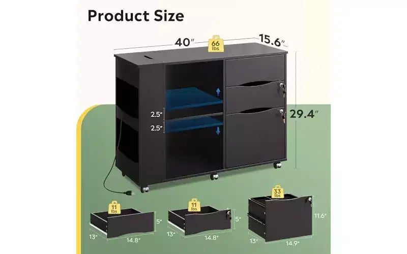 DEXYLLO File Cabinet with Lock, 3 Drawer Rolling Mobile Lateral Filing Cabinets with Charging Station Printer Stand with Open Storage
