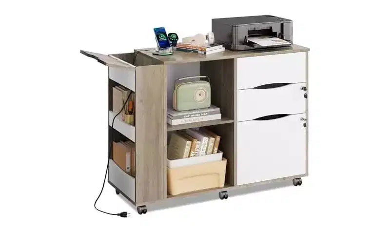 DEXYLLO File Cabinet with Lock, 3 Drawer Rolling Mobile Lateral Filing Cabinets with Charging Station Printer Stand with Open Storage