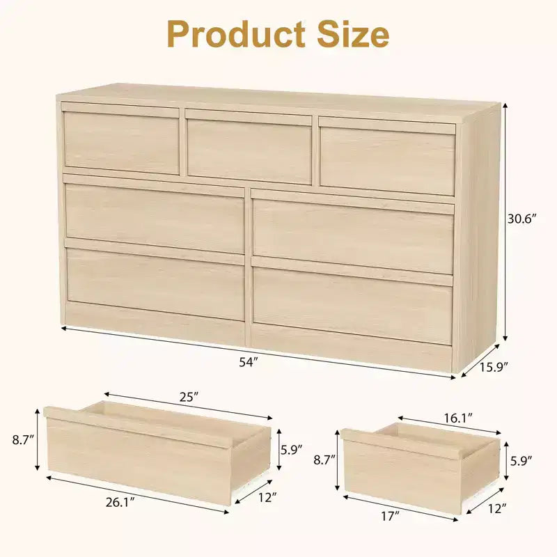 54 Wide Natural Oak 7-Drawer Dresser for Bedroom, Wooden Chest of Drawers with Large Storage, Closet Organizer Cabinet Furniture for Living Room