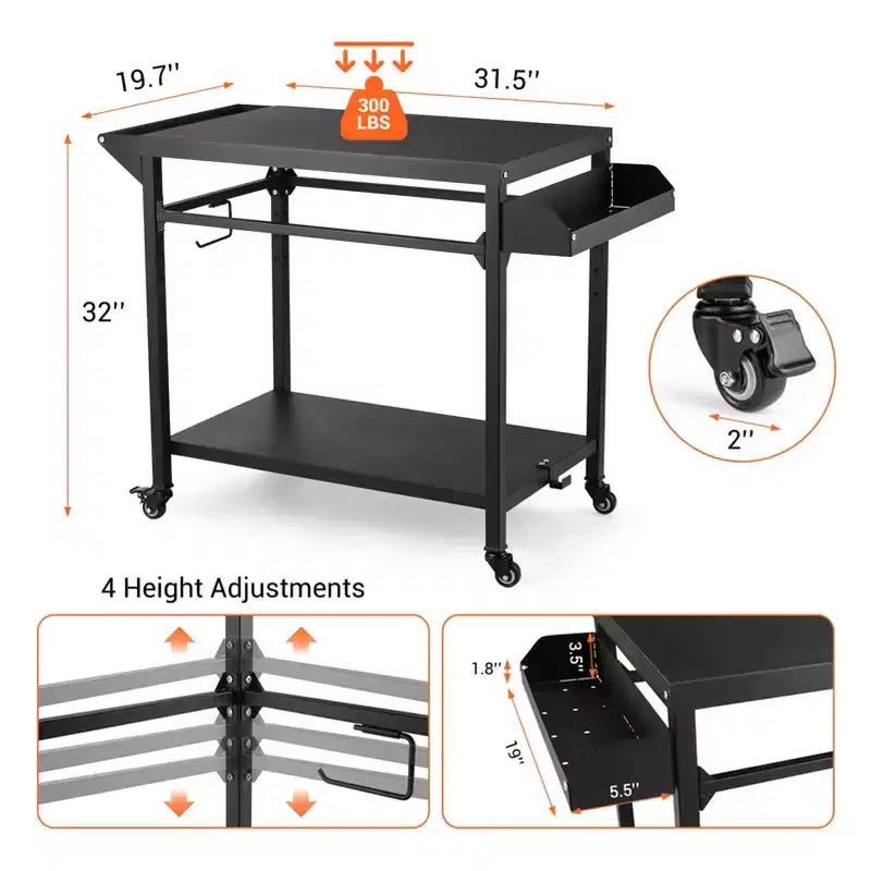 Outdoor Grill Cart with Lockable Wheels, Storage Tray, Side Handle for Patio, Backyard, Camping
