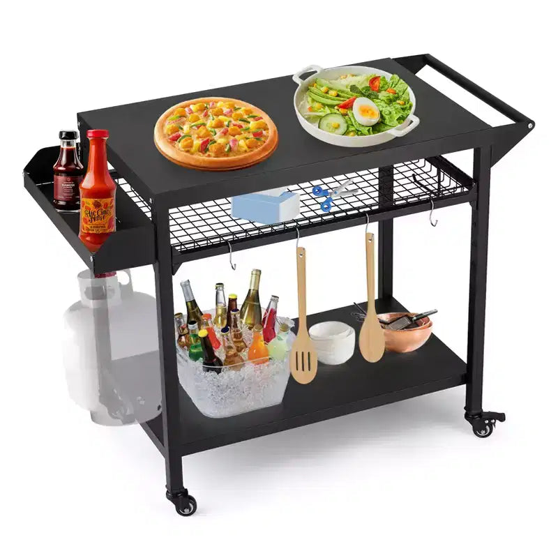 Outdoor Grill Cart with Lockable Wheels, Storage Tray, Side Handle for Patio, Backyard, Camping