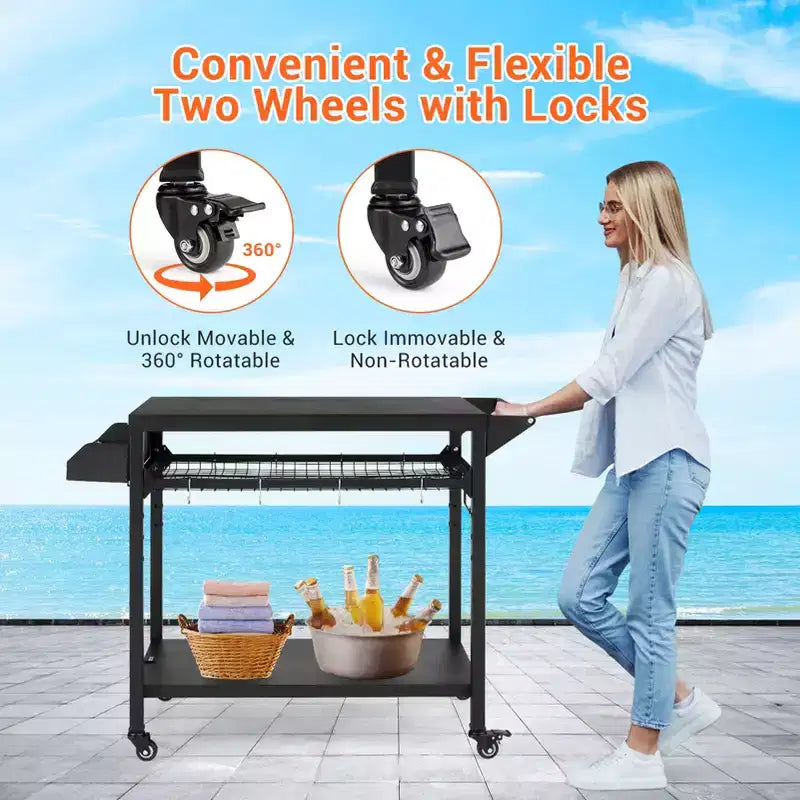 Outdoor Grill Cart with Lockable Wheels, Storage Tray, Side Handle for Patio, Backyard, Camping