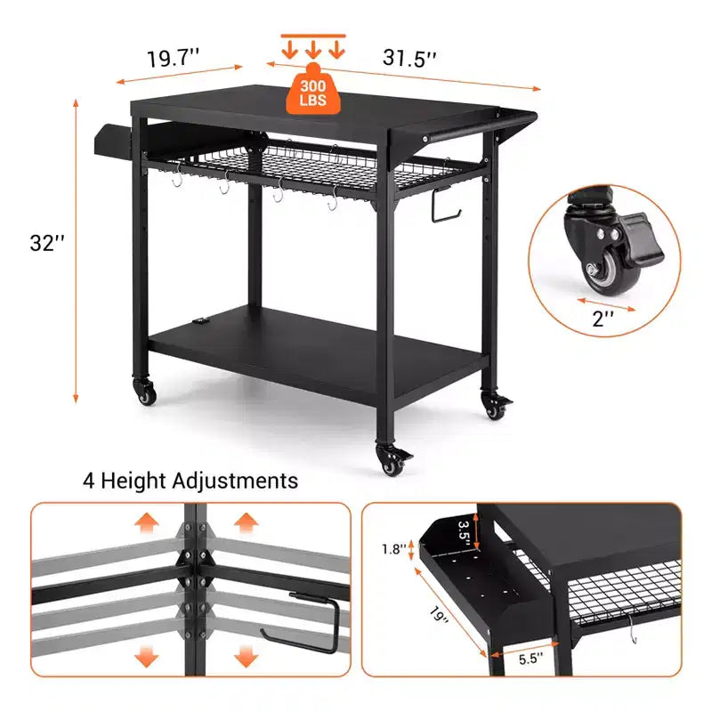 Outdoor Grill Cart with Lockable Wheels, Storage Tray, Side Handle for Patio, Backyard, Camping