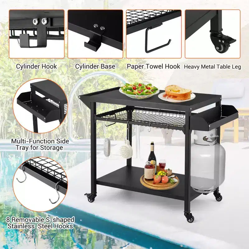 Outdoor Grill Cart with Lockable Wheels, Storage Tray, Side Handle for Patio, Backyard, Camping