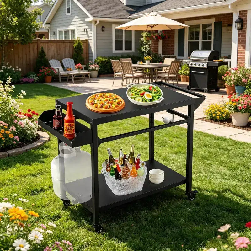 Outdoor Grill Cart with Lockable Wheels, Storage Tray, Side Handle for Patio, Backyard, Camping