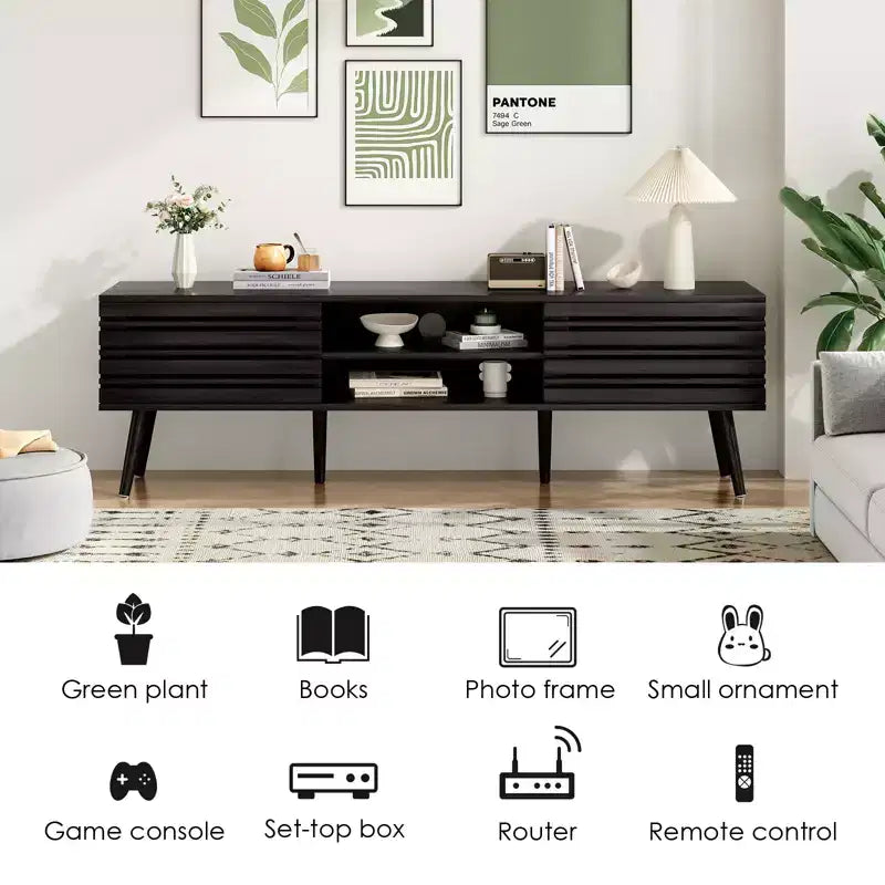 JVNOXK Mid Century Modern TV Stands for up to 70 TV with Storage, Fluted Wood TV Stand for Living Room, Boho Media Console,Dark Walnut